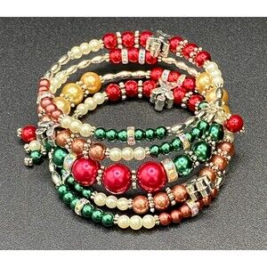 Handmade Faux Pearl & Gingerbread Man Memory Wire Wrap Bracelet by Neanie-Bot